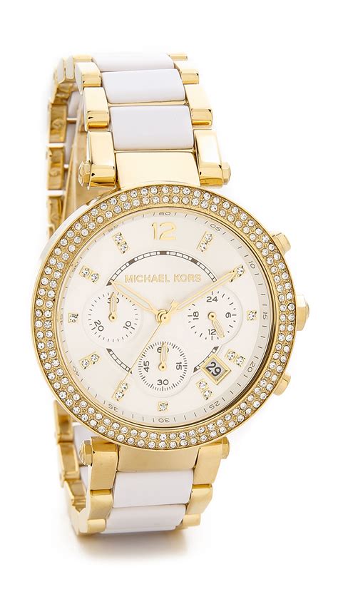 michael kors watch gold with white band|Michael Kors Watch model nadja.